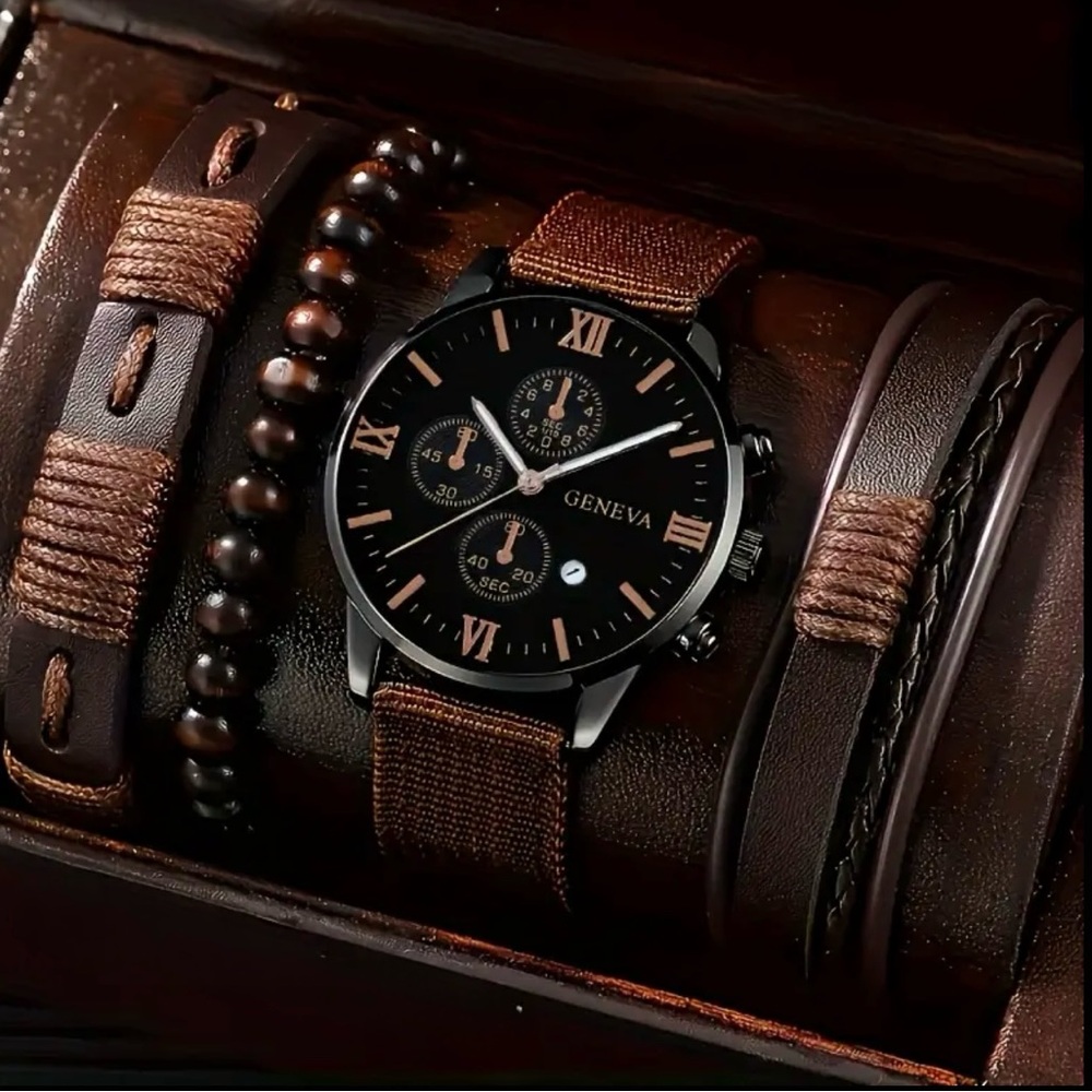 Geneva Men’s Leather Rustic Brown Watch + Bracelets Minimalist Set